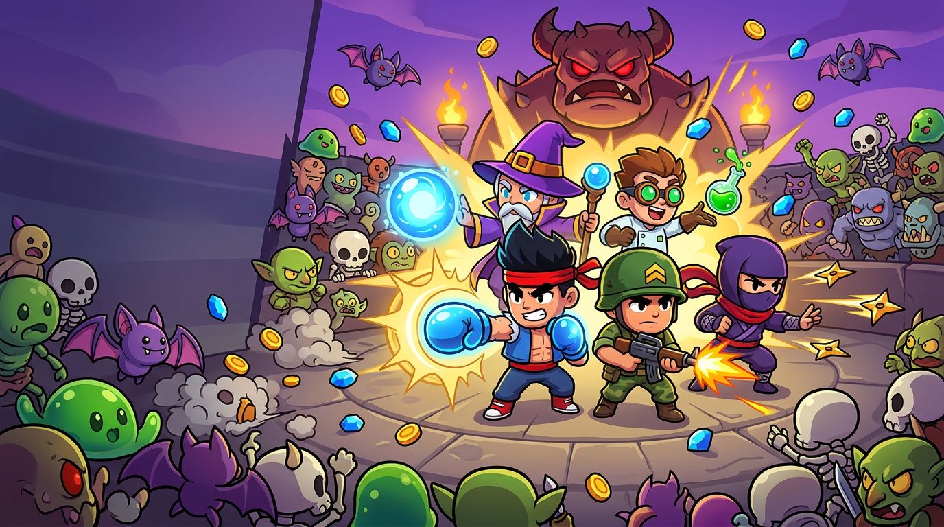 Five chibi heroes fight back to back against a monster horde in a stone arena, with a boss behind them.