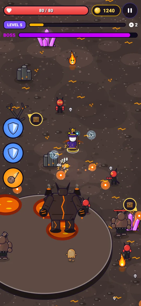 Wizard fighting the lava golem boss in the Volcano Realm