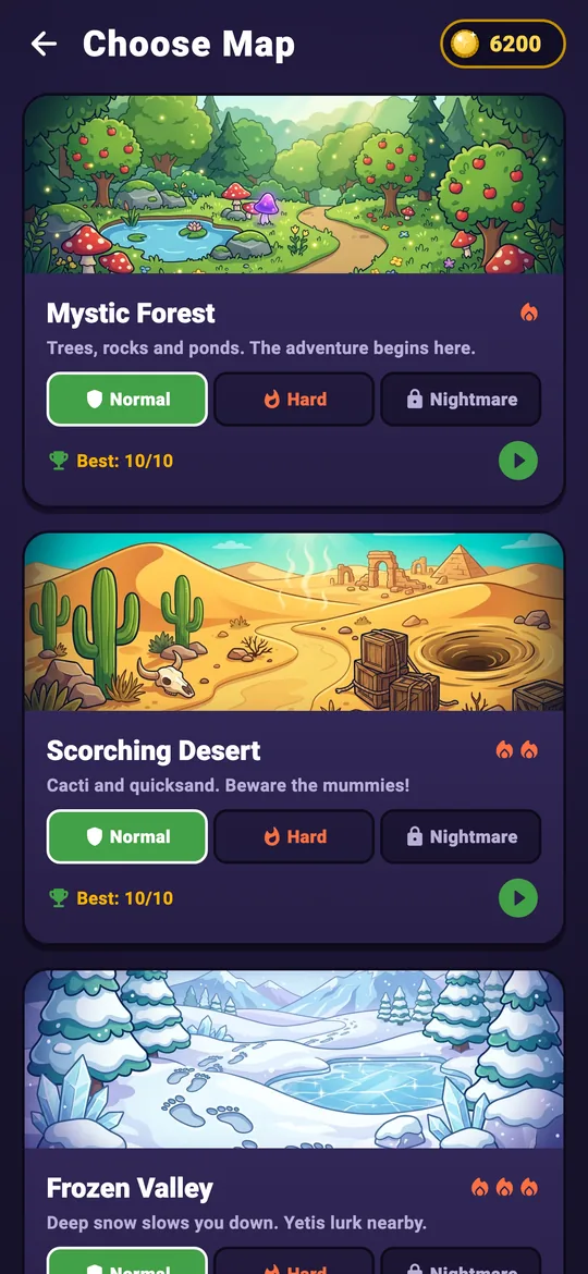 Map select with Mystic Forest, Scorching Desert and Frozen Valley