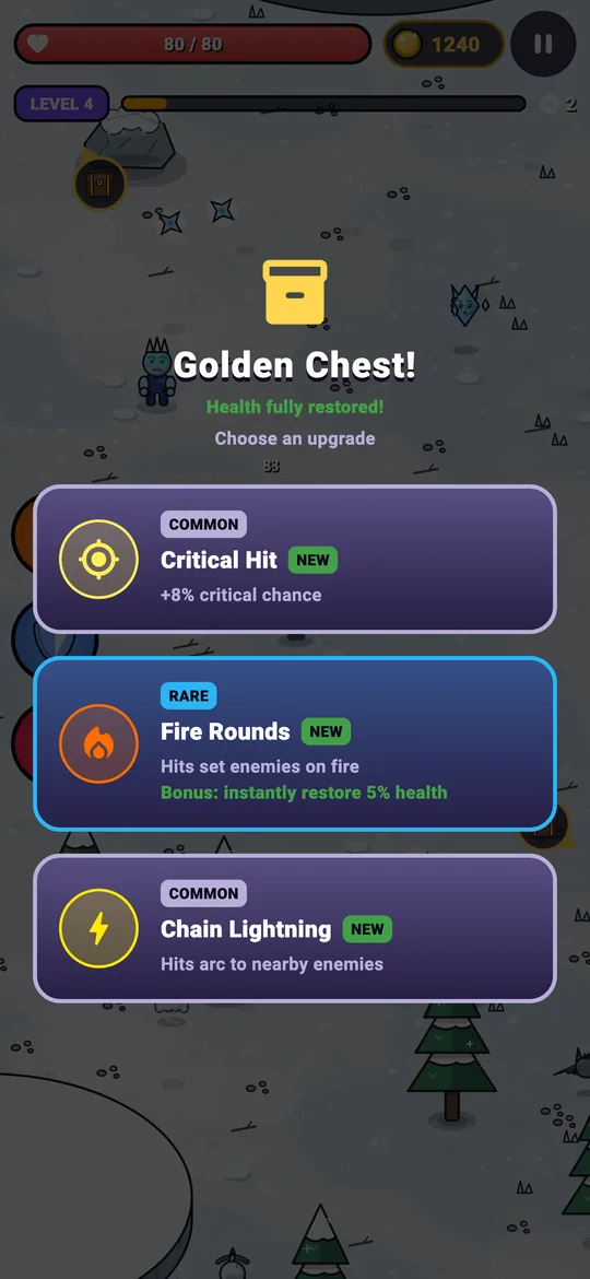 Golden chest upgrade choice with rare and epic picks