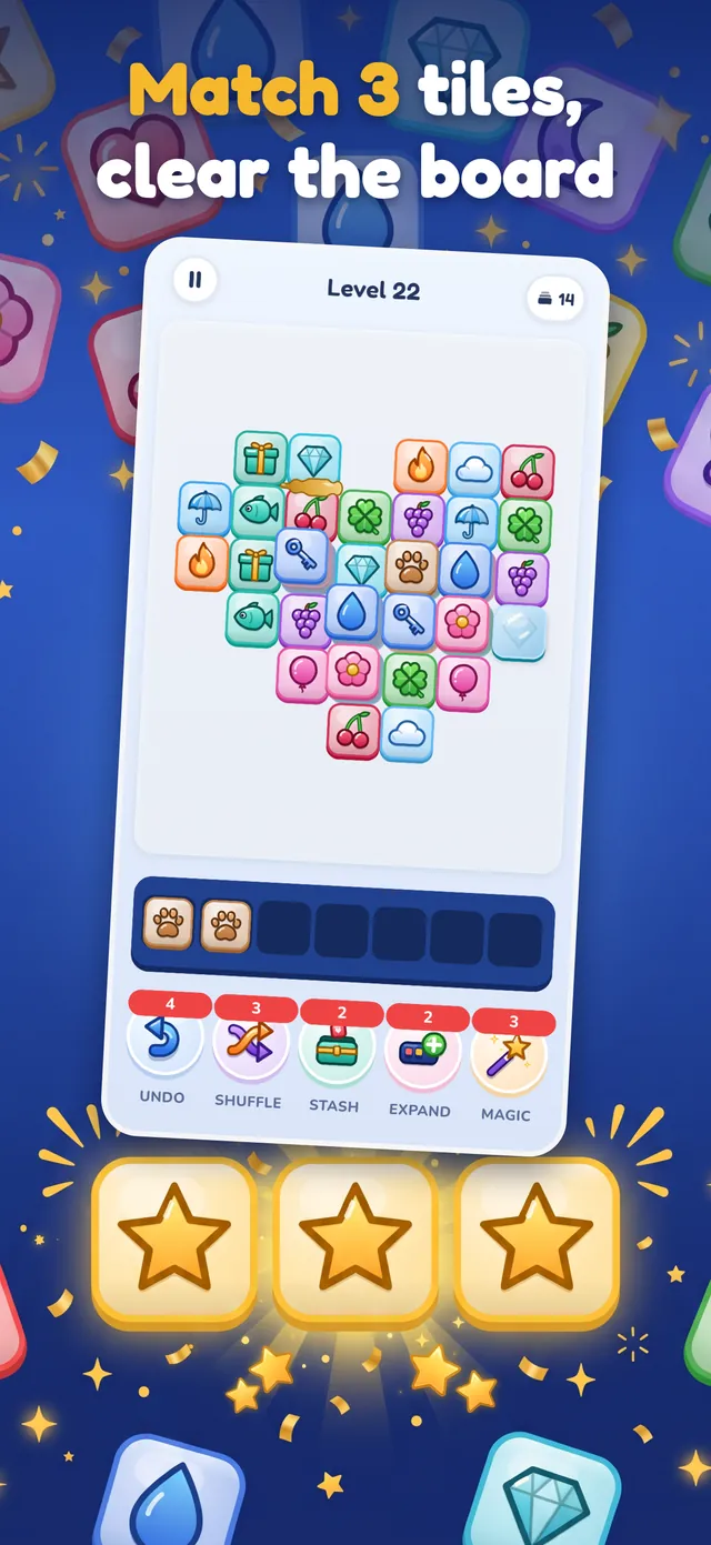 Match 3 tiles, clear the board